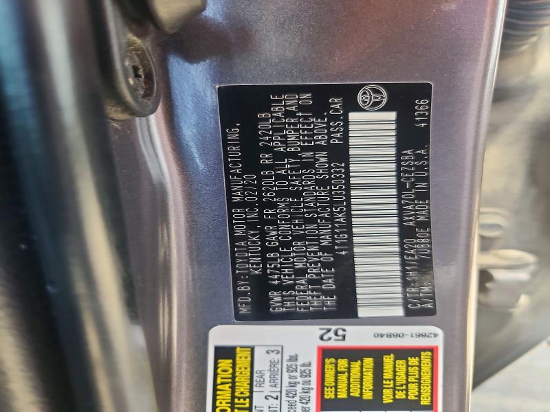 Auction sale of the 2020 Toyota Camry, vin: 4T1G11AK5LU350332, lot number: 62294286