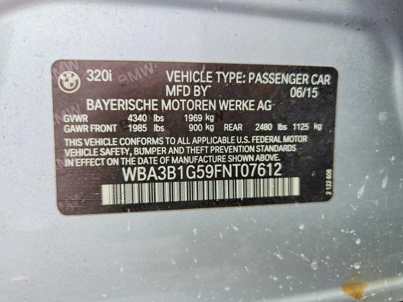 Продаж на аукціоні авто 2015 Bmw 320, vin: WBA3B1G59FNT07612, номер лоту: 58410456