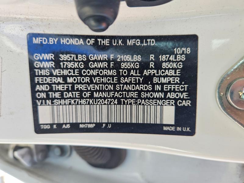 60444576 :رقم المزاد ، SHHFK7H67KU204724 vin ، 2019 Honda Civic مزاد بيع