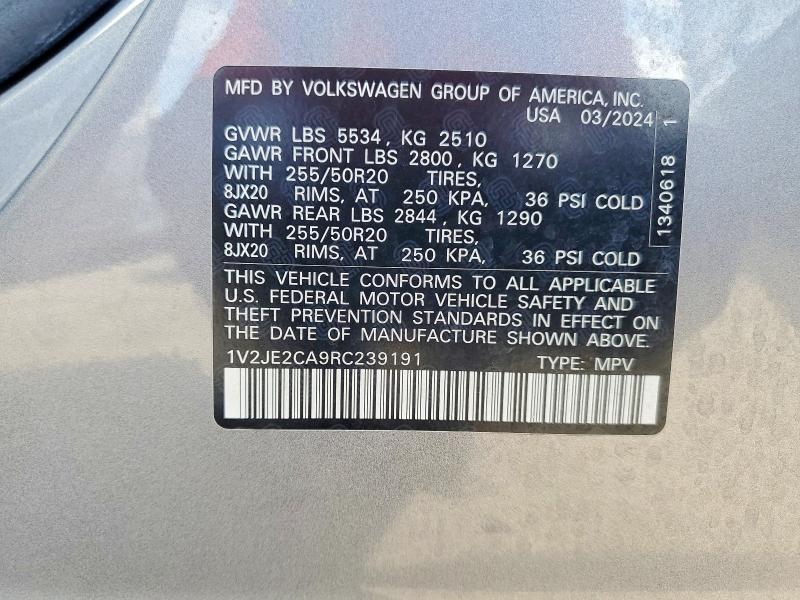 2024 Volkswagen Atlas Cross Sport მანქანა იყიდება აუქციონზე, vin: 1V2JE2CA9RC239191, აუქციონის ნომერი: 59984526