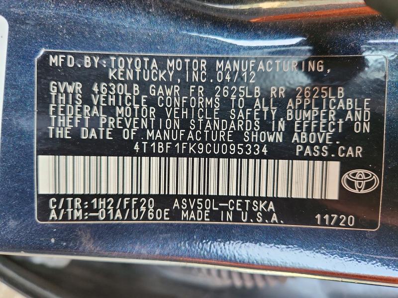 59175716 :رقم المزاد ، 4T1BF1FK9CU095334 vin ، 2012 Toyota Camry مزاد بيع