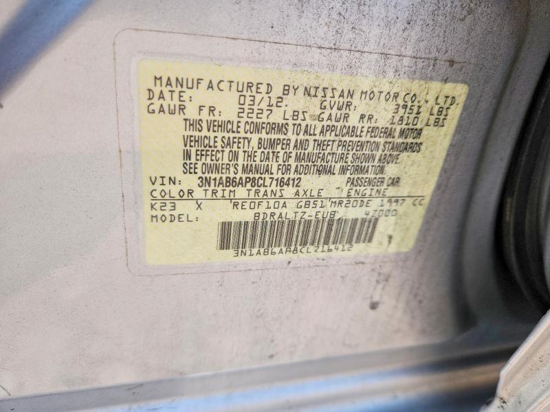 Aukcja sprzedaży 2012 Nissan Sentra, vin: 3N1AB6AP8CL716412, numer aukcji: 59912466