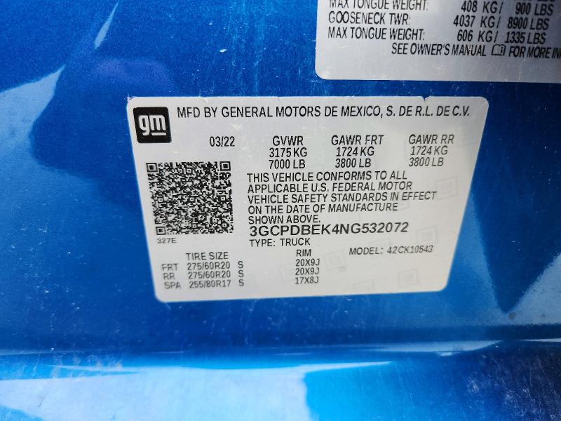 Продажа на аукционе авто 2022 Chevrolet Silverado, vin: 3GCPDBEK4NG532072, номер лота: 62252856