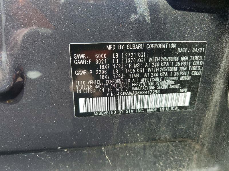 58527066 :رقم المزاد ، 4S4WMAAD8M3447293 vin ، 2021 Subaru Ascent مزاد بيع