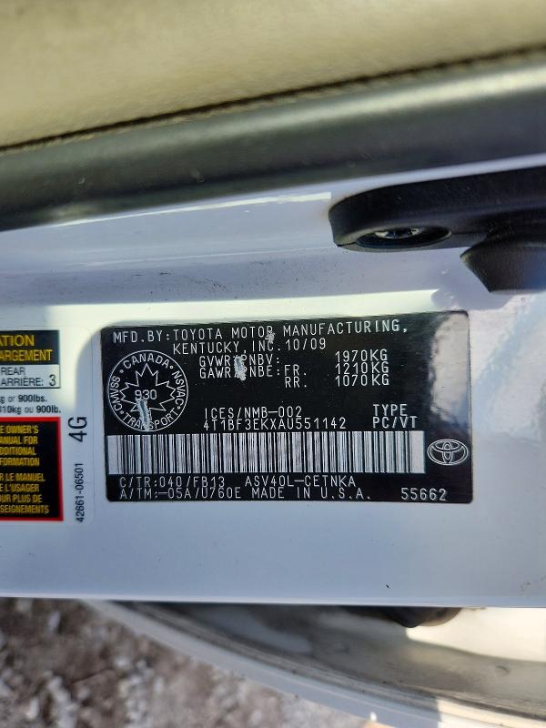 2010 Toyota Camry მანქანა იყიდება აუქციონზე, vin: 4T1BF3EKXAU551142, აუქციონის ნომერი: 59157946