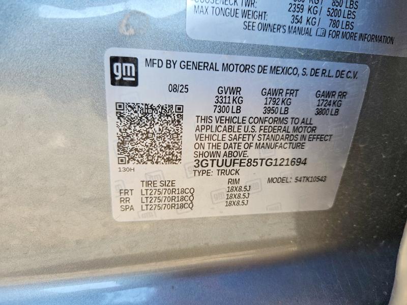 2026 Gmc Sierra მანქანა იყიდება აუქციონზე, vin: 3GTUUFE85TG121694, აუქციონის ნომერი: 59907276