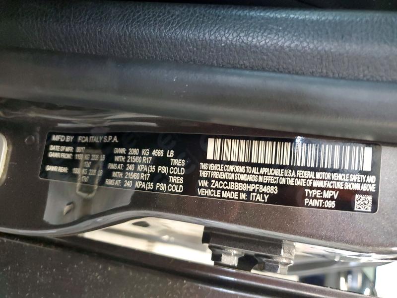 2017 Jeep Renegade მანქანა იყიდება აუქციონზე, vin: ZACCJBBB9HPF84683, აუქციონის ნომერი: 62107316