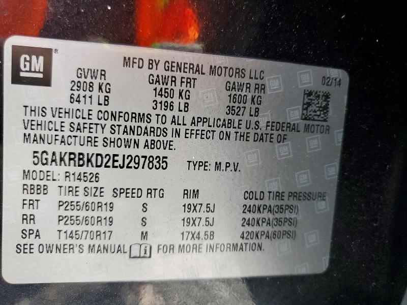 62658376 :رقم المزاد ، 5GAKRBKD2EJ297835 vin ، 2014 Buick Enclave مزاد بيع