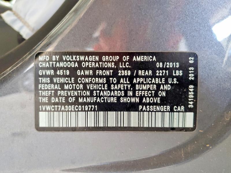 2014 Volkswagen Passat მანქანა იყიდება აუქციონზე, vin: 1VWCT7A30EC019771, აუქციონის ნომერი: 63303306