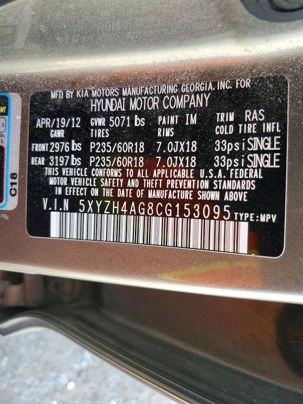 Продажа на аукционе авто 2012 Hyundai Santa Fe, vin: 5XYZH4AG8CG153095, номер лота: 59907586