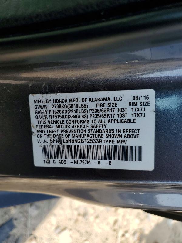 61928726 :رقم المزاد ، 5FNRL5H64GB125339 vin ، 2016 Honda Odyssey مزاد بيع