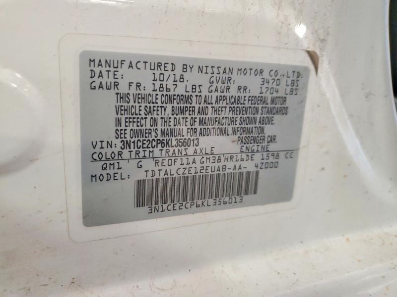 59689976 :رقم المزاد ، 3N1CE2CP6KL356013 vin ، 2019 Nissan Versa Note مزاد بيع