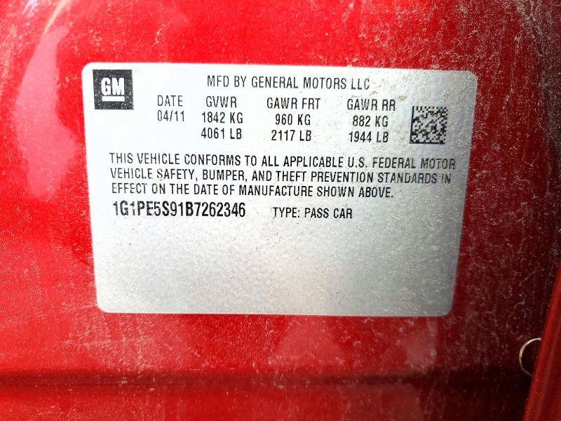 2011 Chevrolet Cruze მანქანა იყიდება აუქციონზე, vin: 1G1PE5S91B7262346, აუქციონის ნომერი: 62475276