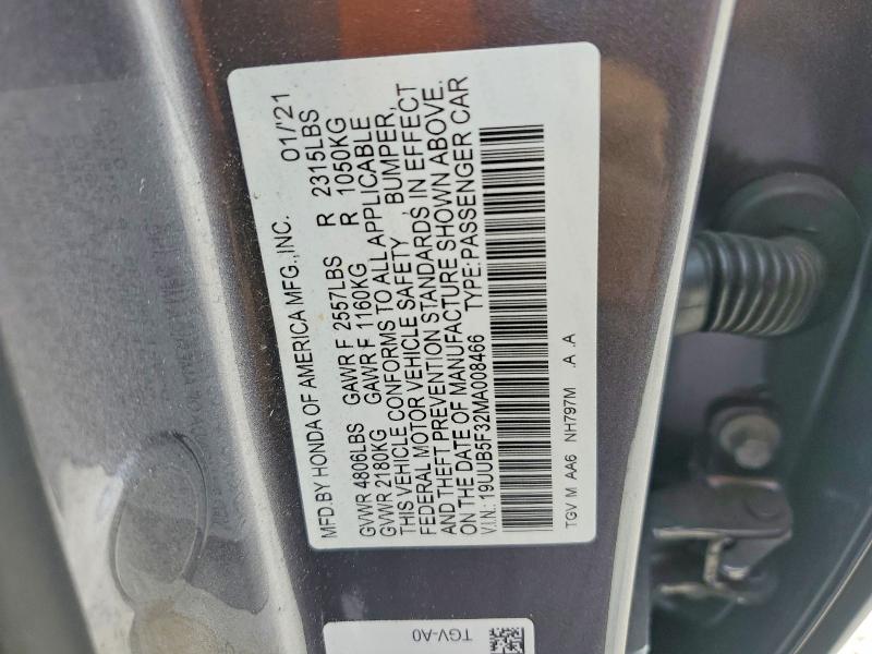 2021 Acura Tlx მანქანა იყიდება აუქციონზე, vin: 19UUB5F32MA008466, აუქციონის ნომერი: 60141756