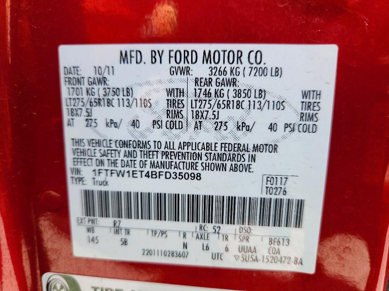 61763056 :رقم المزاد ، 1FTFW1ET4BFD35098 vin ، 2011 Ford F150 مزاد بيع