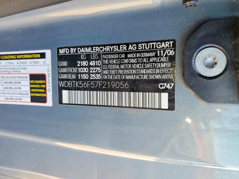 61117016 :رقم المزاد ، WDBTK56F57F219056 vin ، 2007 Mercedes-benz Clk مزاد بيع