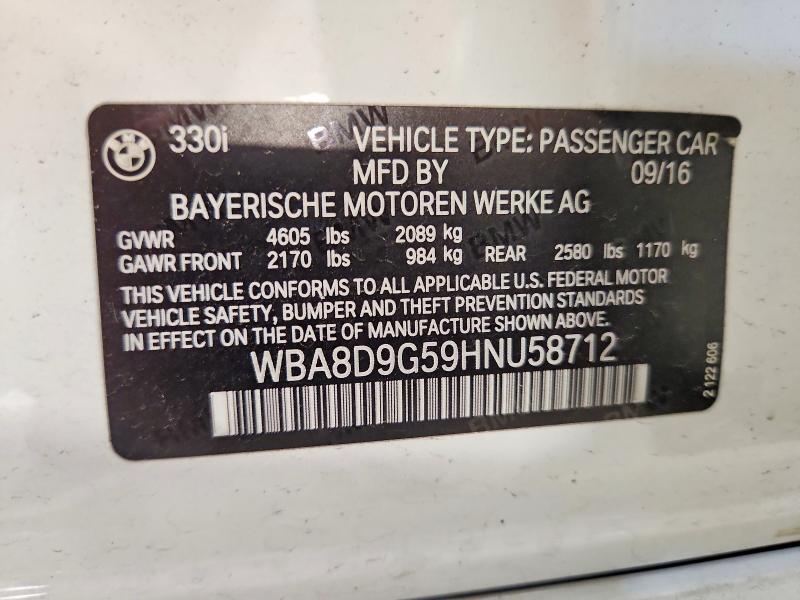 2017 Bmw 330 მანქანა იყიდება აუქციონზე, vin: WBA8D9G59HNU58712, აუქციონის ნომერი: 60743436