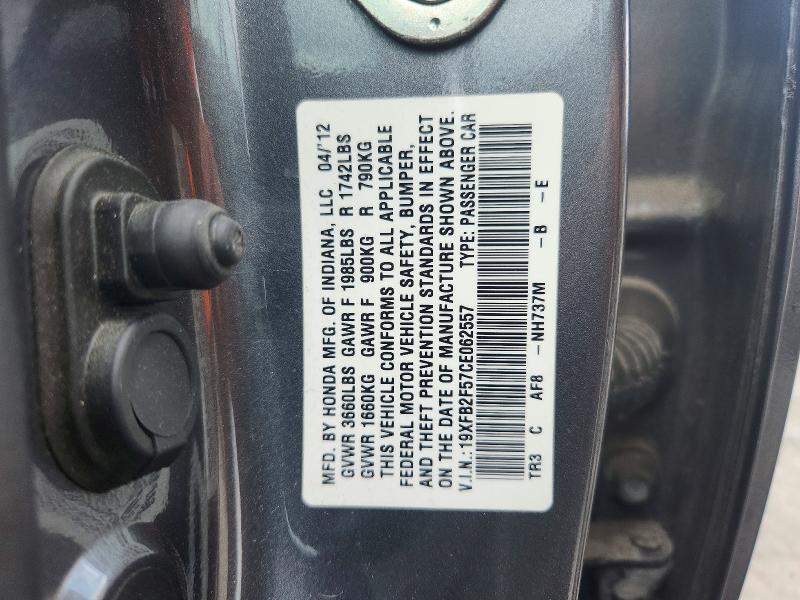 2012 Honda Civic მანქანა იყიდება აუქციონზე, vin: 19XFB2F57CE062557, აუქციონის ნომერი: 61092216