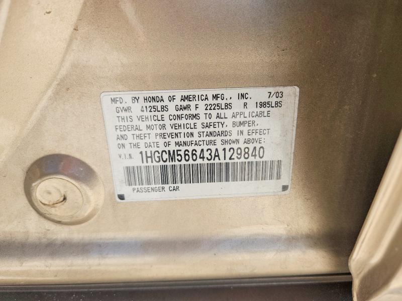 Aukcja sprzedaży 2003 Honda Accord, vin: 1HGCM56643A129840, numer aukcji: 61892046