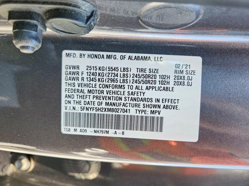 Aukcja sprzedaży 2021 Honda Pilot, vin: 5FNYF5H2XMB027041, numer aukcji: 63501426