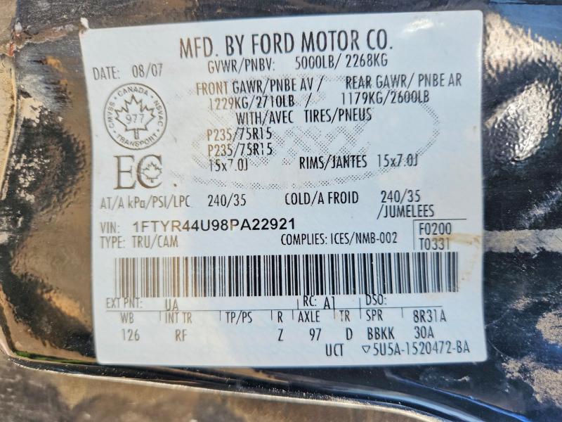 2008 Ford Ranger მანქანა იყიდება აუქციონზე, vin: 1FTYR44U98PA22921, აუქციონის ნომერი: 62329356