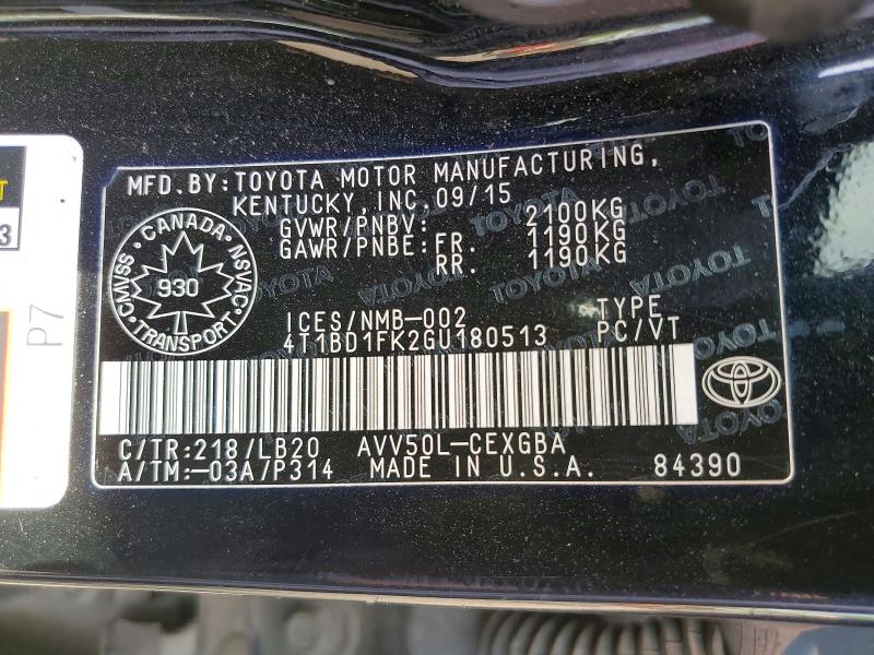 Aukcja sprzedaży 2016 Toyota Camry Hybrid, vin: 4T1BD1FK2GU180513, numer aukcji: 59246386