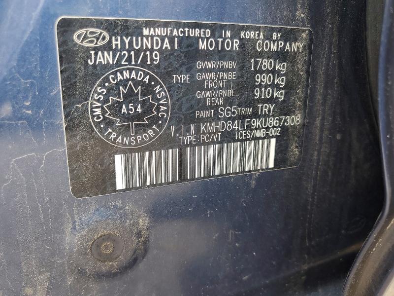 62799986 :رقم المزاد ، KMHD84LF9KU867308 vin ، 2019 Hyundai Elantra مزاد بيع