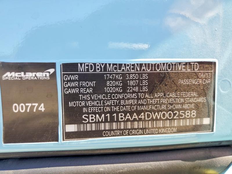 63359576 :رقم المزاد ، SBM11BAA4DW002588 vin ، 2013 Mclaren Automotive Mp4-12c مزاد بيع