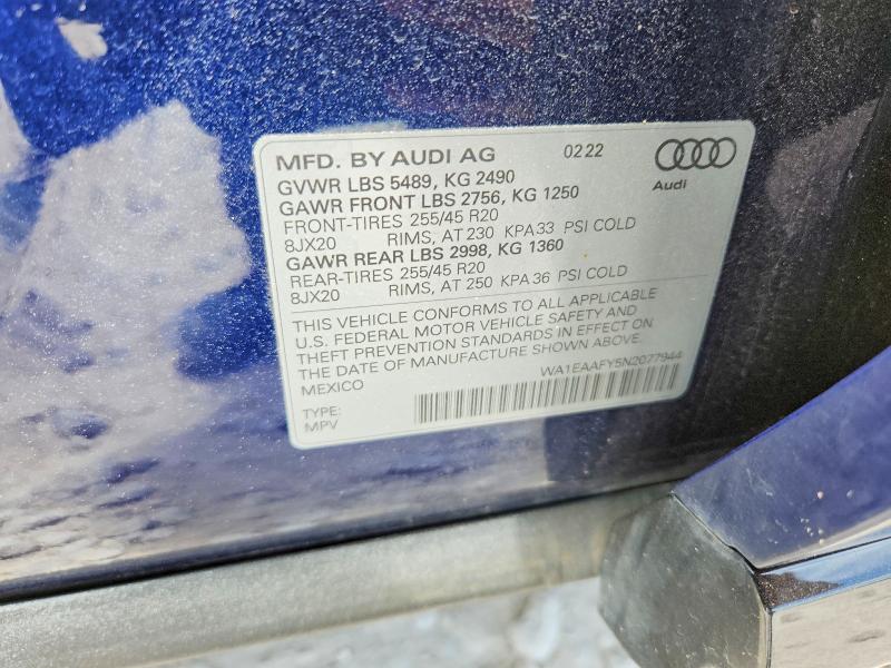 59072156 :رقم المزاد ، WA1EAAFY5N2077944 vin ، 2022 Audi Q5 مزاد بيع