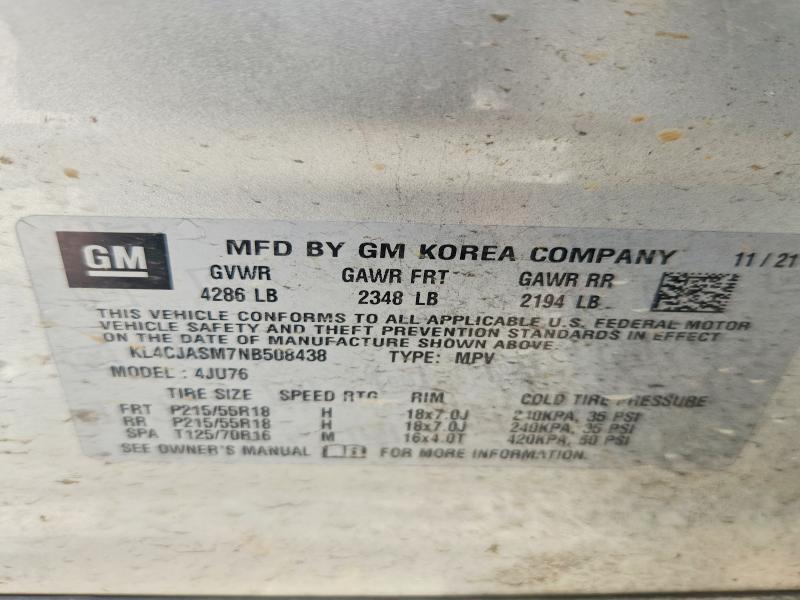 2022 Buick Encore მანქანა იყიდება აუქციონზე, vin: KL4CJASM7NB508438, აუქციონის ნომერი: 58690316