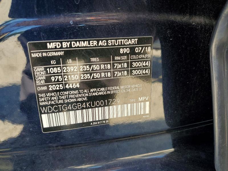 61301186 :رقم المزاد ، WDCTG4GB4KU001729 vin ، 2019 Mercedes-benz Gla مزاد بيع