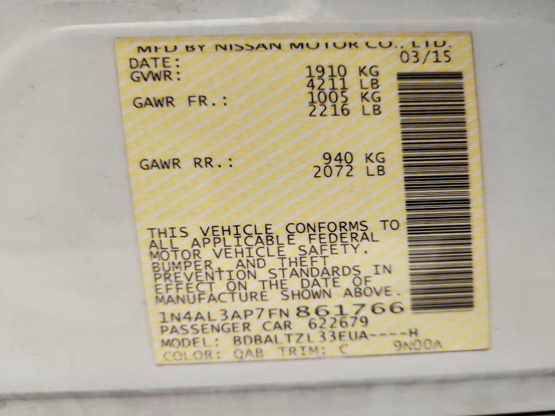 2015 Nissan Altima მანქანა იყიდება აუქციონზე, vin: 1N4AL3AP7FN861766, აუქციონის ნომერი: 62946726