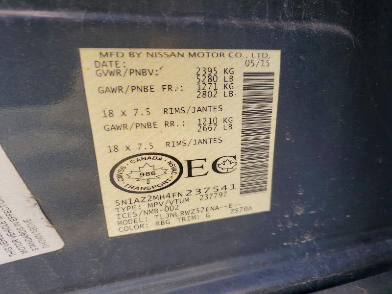 61053326 :رقم المزاد ، 5N1AZ2MH4FN237541 vin ، 2015 Nissan Murano مزاد بيع