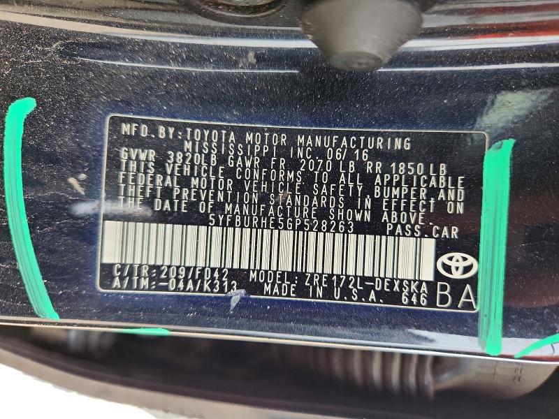 60613626 :رقم المزاد ، 5YFBURHE5GP528263 vin ، 2016 Toyota Corolla مزاد بيع