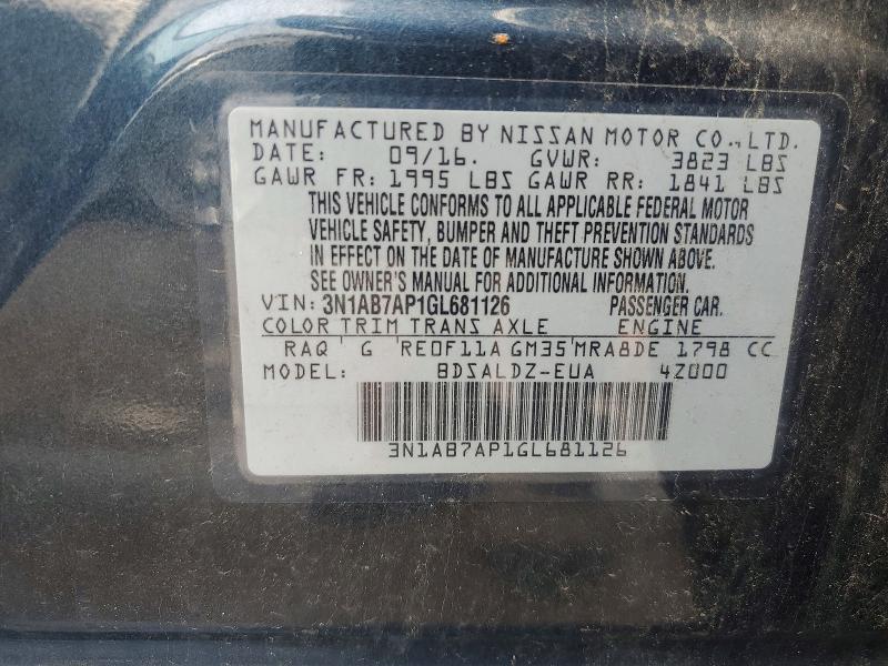 2016 Nissan Sentra მანქანა იყიდება აუქციონზე, vin: 3N1AB7AP1GL681126, აუქციონის ნომერი: 60491746