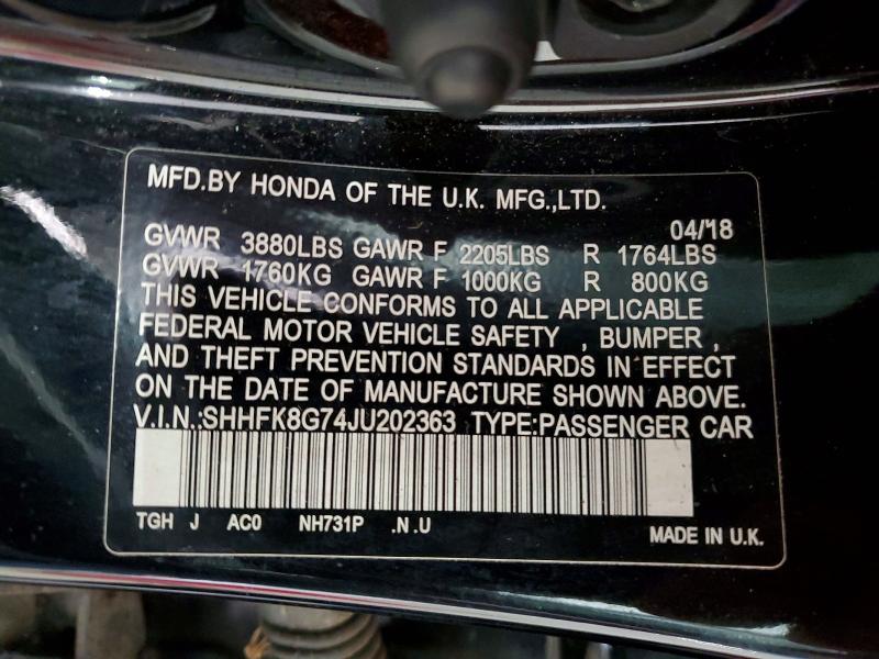 Продаж на аукціоні авто 2018 Honda Civic, vin: SHHFK8G74JU202363, номер лоту: 60913506