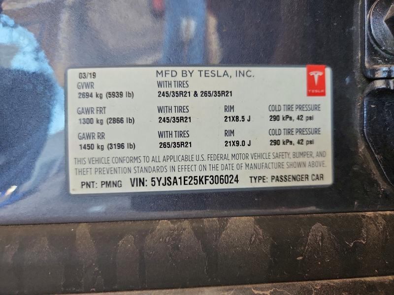 Aukcja sprzedaży 2019 Tesla Model S, vin: 5YJSA1E25KF306024, numer aukcji: 62999776