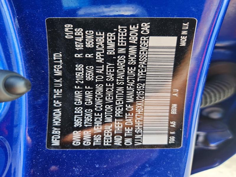 Auction sale of the 2019 Honda Civic, vin: SHHFK7H6XKU215152, lot number: 59854156
