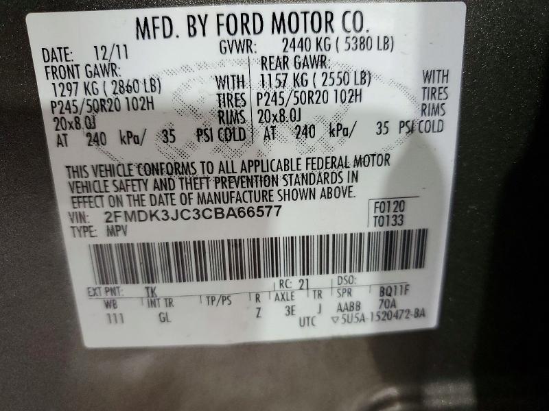 61405476 :رقم المزاد ، 2FMDK3JC3CBA66577 vin ، 2012 Ford Edge مزاد بيع