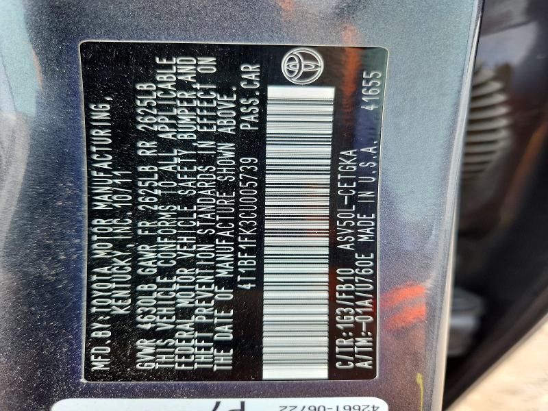 2012 Toyota Camry მანქანა იყიდება აუქციონზე, vin: 4T1BF1FK3CU005739, აუქციონის ნომერი: 61192706