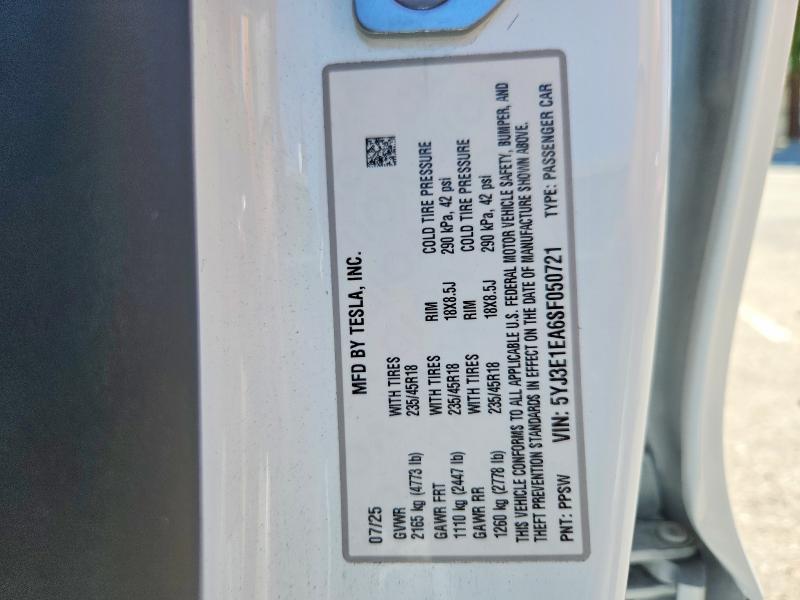 59340046 :رقم المزاد ، 5YJ3E1EA6SF050721 vin ، 2025 Tesla Model 3 مزاد بيع