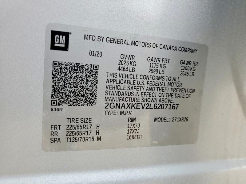 Продаж на аукціоні авто 2020 Chevrolet Equinox, vin: 2GNAXKEV2L6207167, номер лоту: 62628816