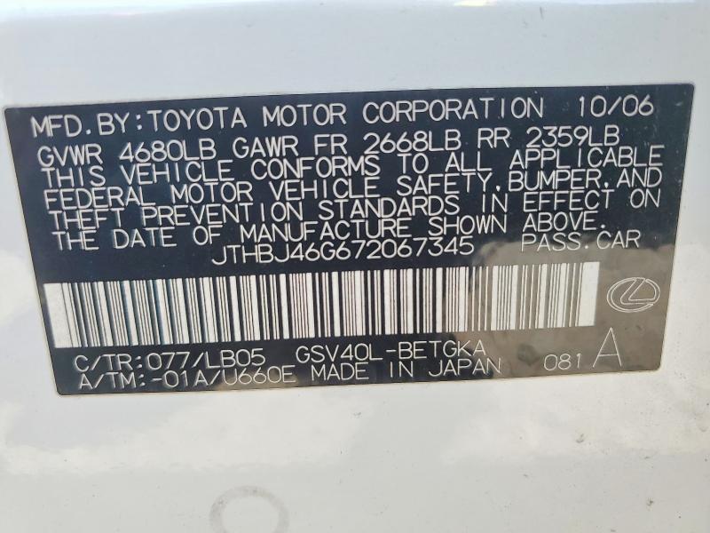 Aukcja sprzedaży 2007 Lexus Es, vin: JTHBJ46G672067345, numer aukcji: 60894956