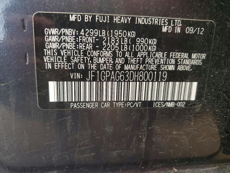 59297686 :رقم المزاد ، JF1GPAG63DH800119 vin ، 2013 Subaru Impreza مزاد بيع