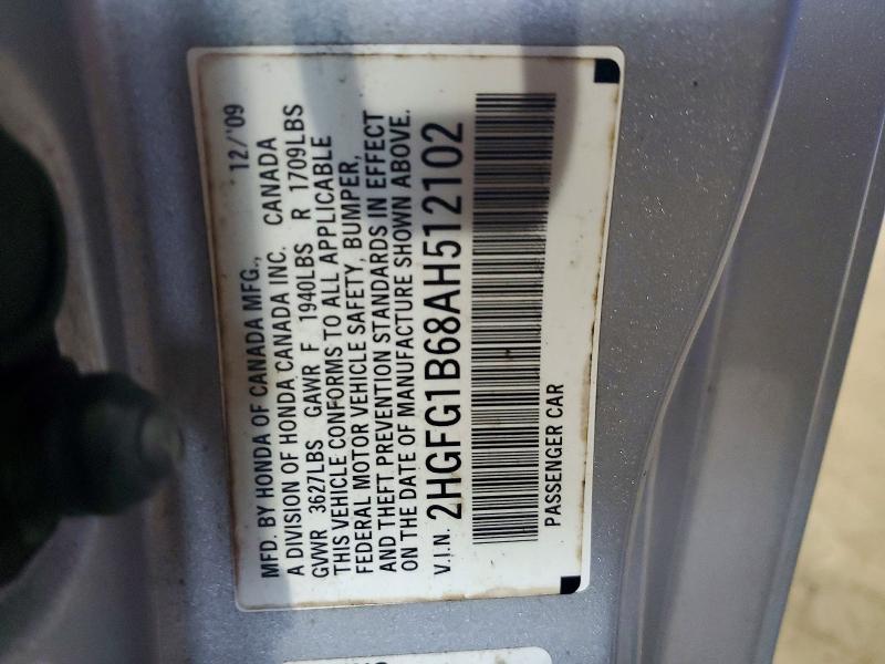 Aukcja sprzedaży 2010 Honda Civic, vin: 2HGFG1B68AH512102, numer aukcji: 60829116