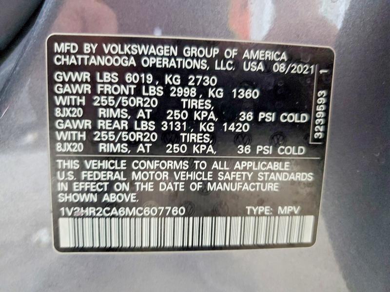 60047666 :رقم المزاد ، 1V2HR2CA6MC607760 vin ، 2021 Volkswagen Atlas مزاد بيع