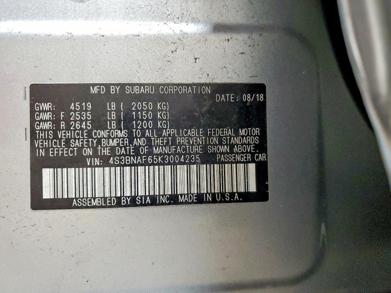 Aukcja sprzedaży 2019 Subaru Legacy, vin: 4S3BNAF65K3004235, numer aukcji: 62102876