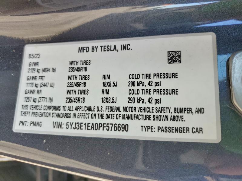 76296935 :رقم المزاد ، 5YJ3E1EA0PF576690 vin ، 2023 Tesla Model 3 مزاد بيع