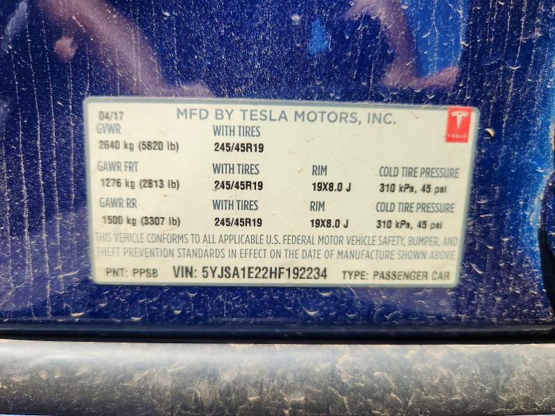 61987276 :رقم المزاد ، 5YJSA1E22HF192234 vin ، 2017 Tesla Model S مزاد بيع