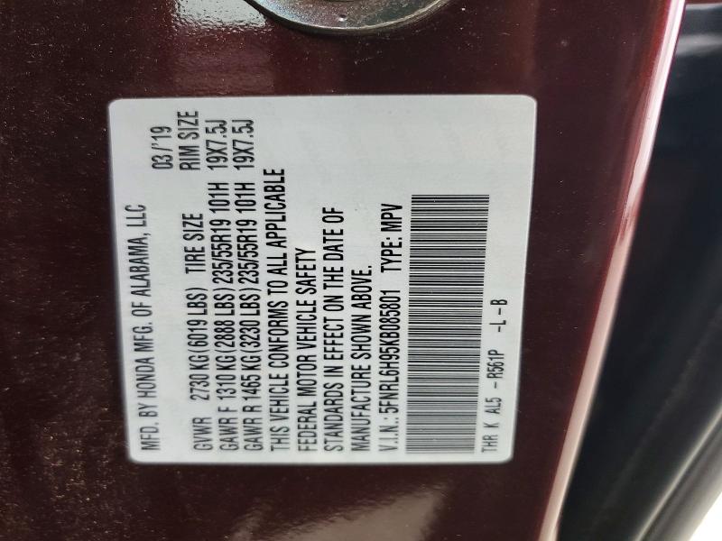 Aukcja sprzedaży 2019 Honda Odyssey, vin: 5FNRL6H95KB085801, numer aukcji: 61761206